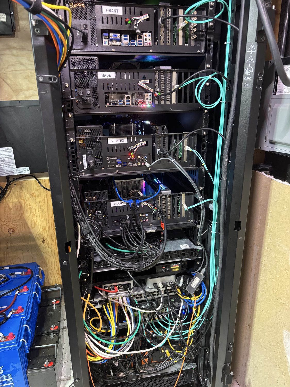 Server rack with labeled systems, fiber, power, and network cabling