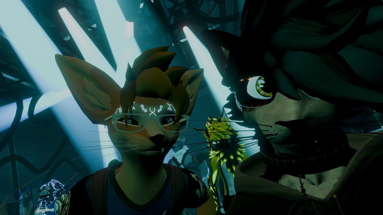 Virtual reality group selfie with avatars in a dark blue-lit scene