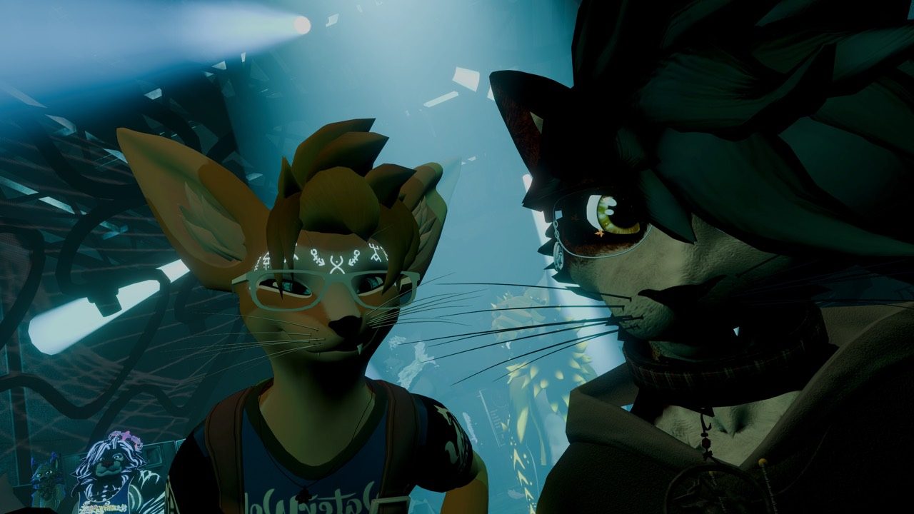 Virtual reality scene with two avatars under dramatic blue light