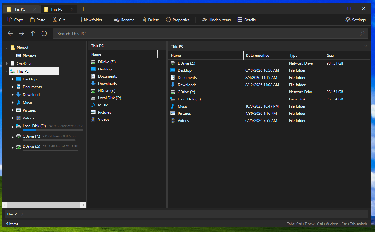 Tab Explorer showing This PC in a two-column dark view